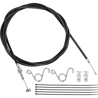 84-inch go kart throttle cable with mounting springs, cable stops, and zip ties for KT196 and 196cc/212cc/224cc engines.