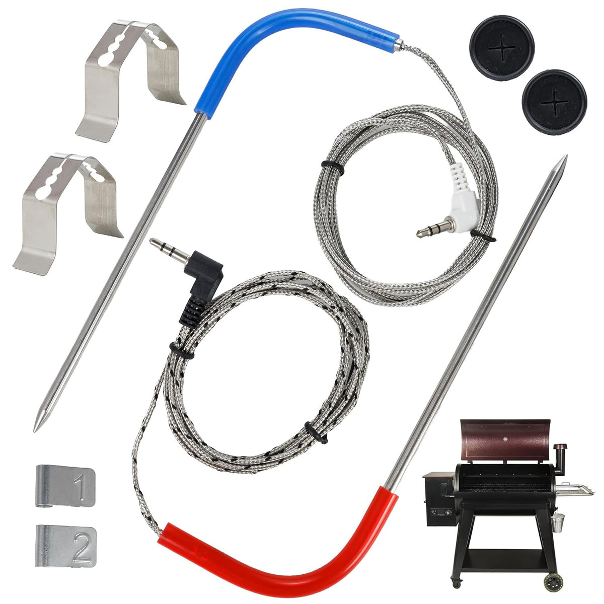 Upgraded Temp Meat Probe for Pit Boss Pellet Grills 3.5mm, probes, clips, connectors, and grill shown