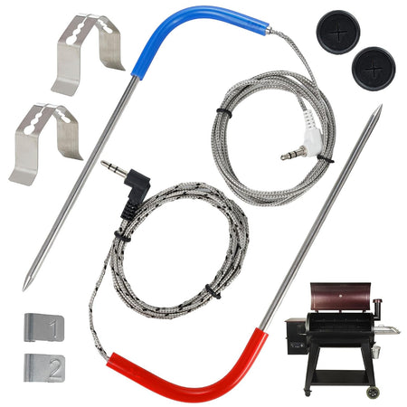 Upgraded Temp Meat Probe for Pit Boss Pellet Grills 3.5mm, probes, clips, connectors, and grill shown