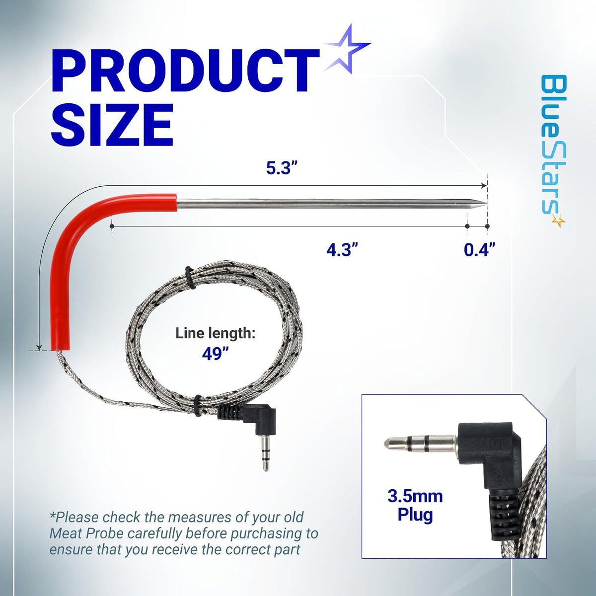 Upgraded Temp Meat Probe for Pit Boss Pellet Grills 3.5mm showing product dimensions, 49-inch line and 3.5mm plug