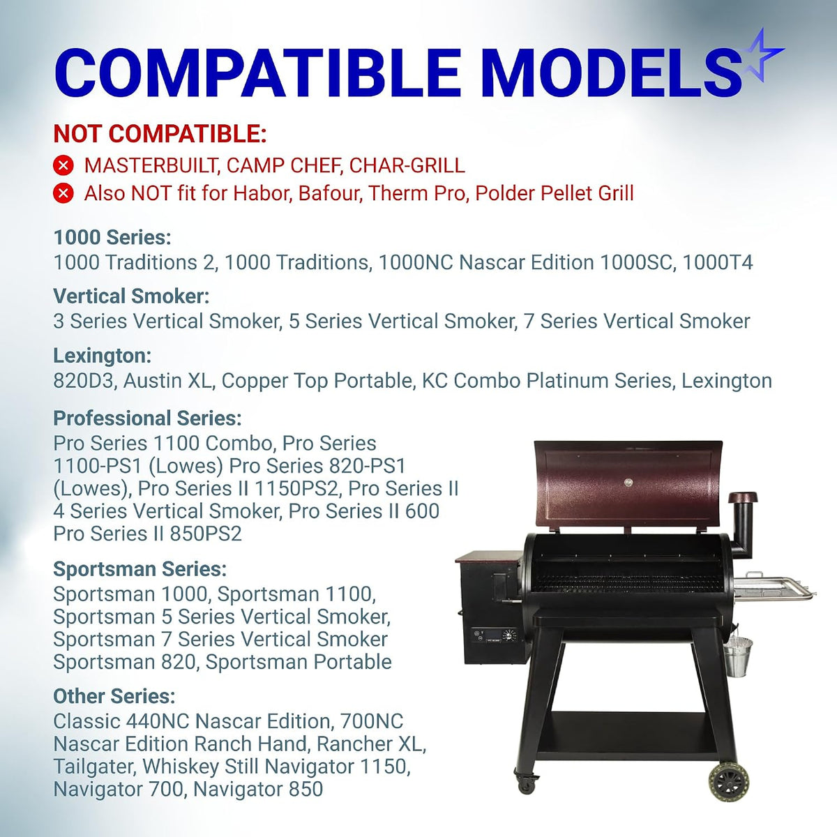 Upgraded Temp Meat Probe for Pit Boss Pellet Grills 3.5mm, compatible models chart with Pit Boss grill image