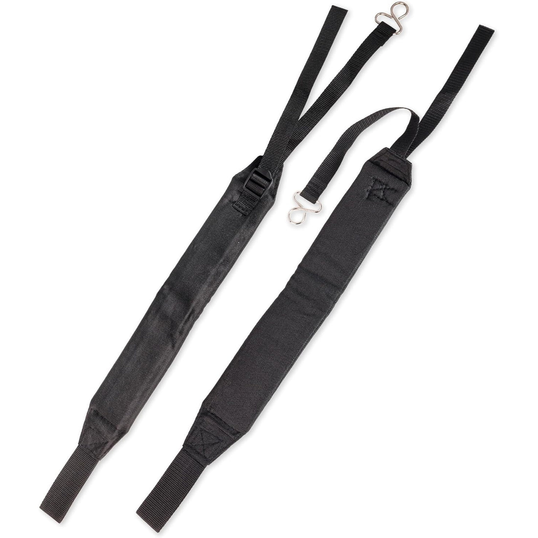 C061000111 Backpack Blower Straps, front view of two black straps with metal clips