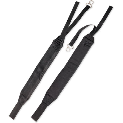 C061000111 Backpack Blower Straps, front view of two black straps with metal clips