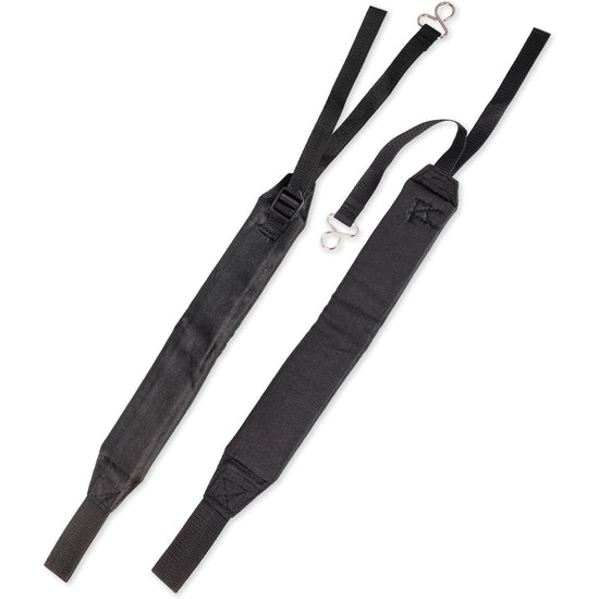 C061000111 Backpack Blower Straps, front view of two black straps with metal clips