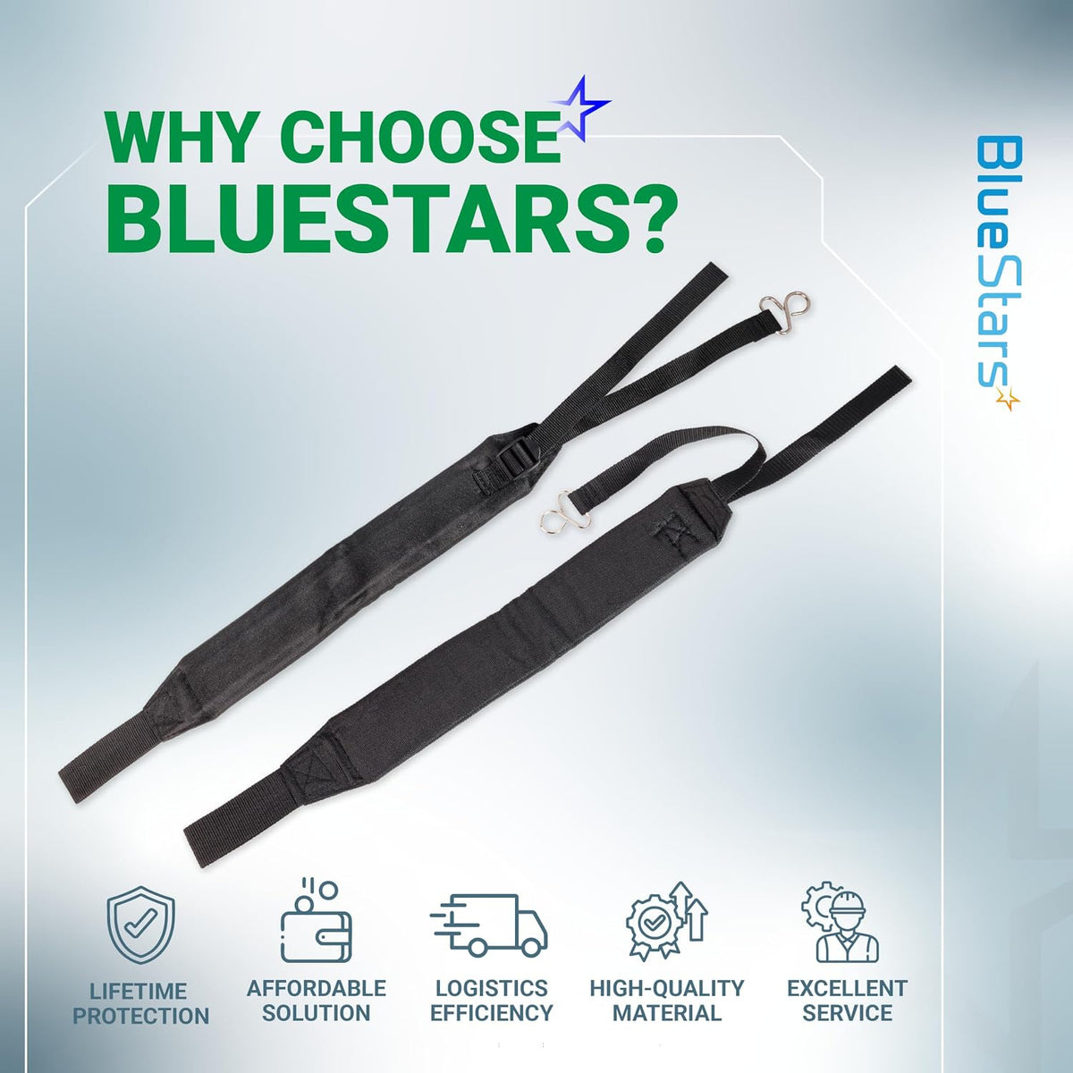 C061000111 Backpack Blower Straps, two black padded straps shown with metal clips and BlueStars branding