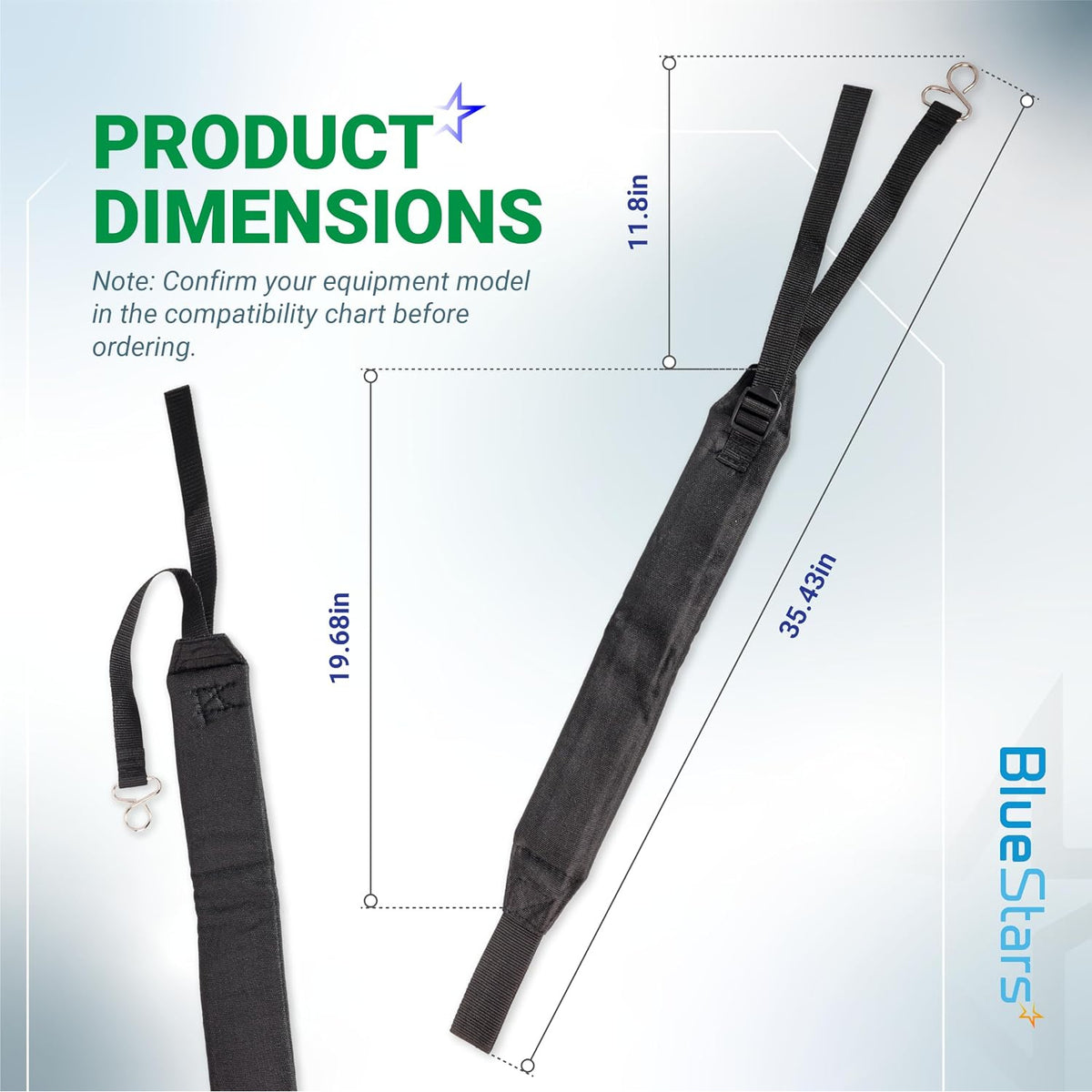 C061000111 Backpack Blower Straps product dimensions diagram showing strap views and labeled lengths