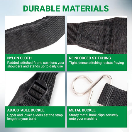 C061000111 Backpack Blower Straps showing nylon fabric, reinforced stitching, adjustable buckle, and metal hook close-ups