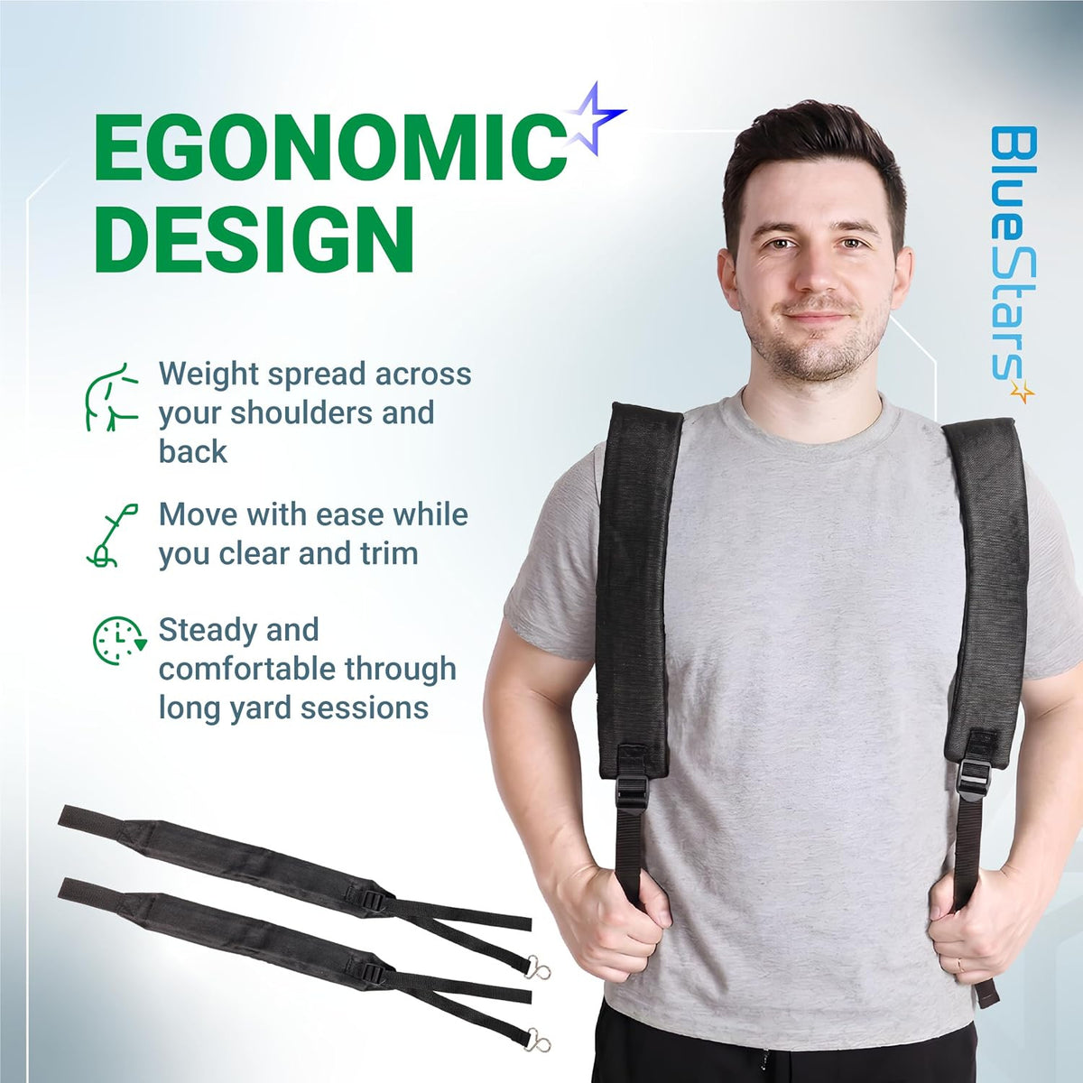 C061000111 Backpack Blower Straps for Echo, graphic showing a man wearing the straps and loose straps below
