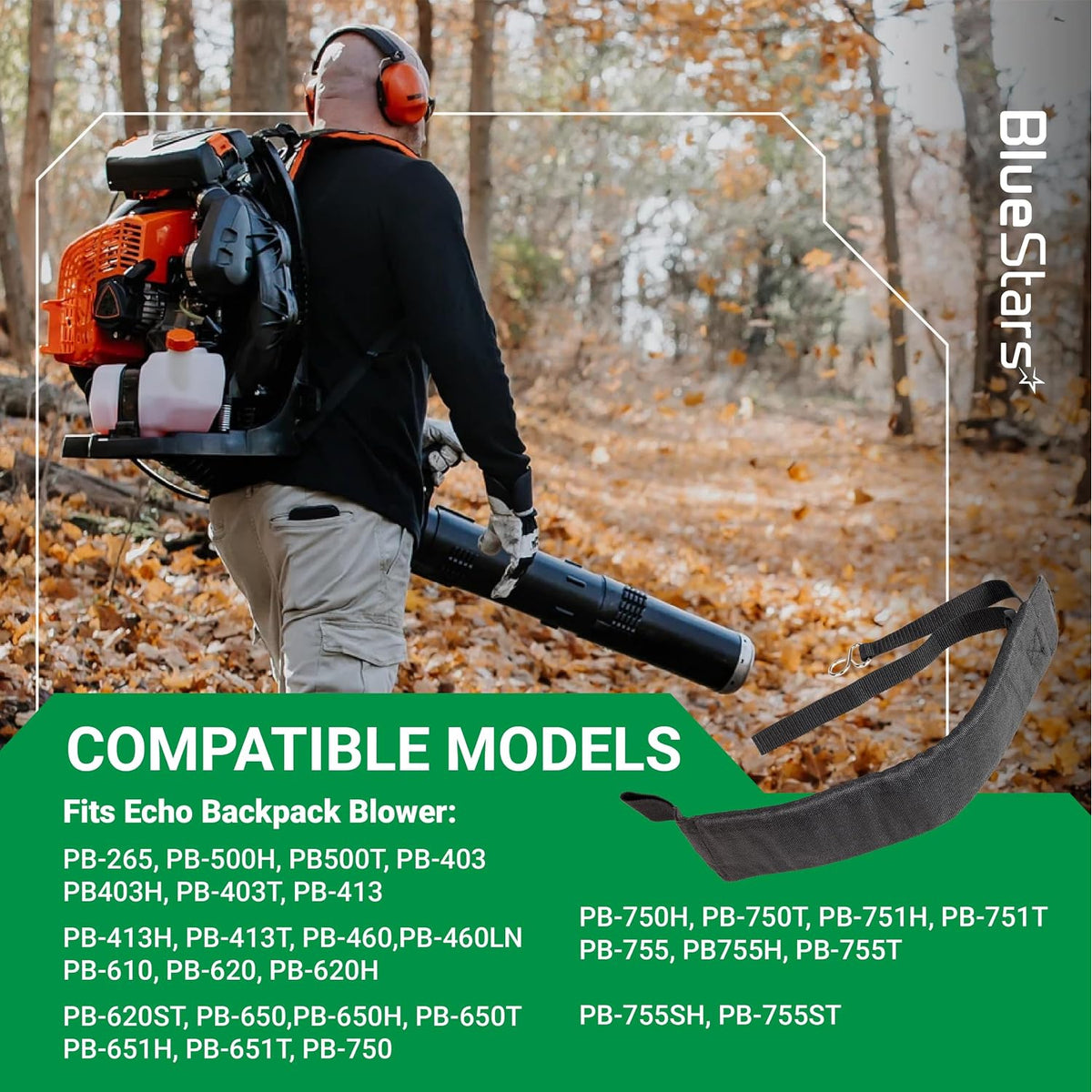 C061000111 Backpack Blower Straps graphic showing a user with a backpack blower, straps, and listed Echo models.