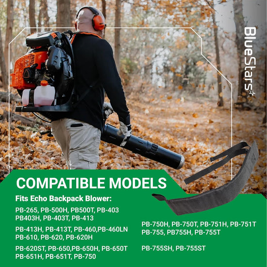 C061000111 Backpack Blower Straps graphic showing a user with a backpack blower, straps, and listed Echo models.