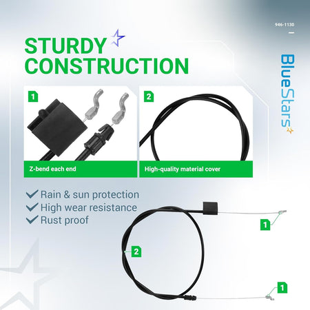 Infographic showing construction details of 946-1130 engine control cable with Z-bend ends and protective outer casing.