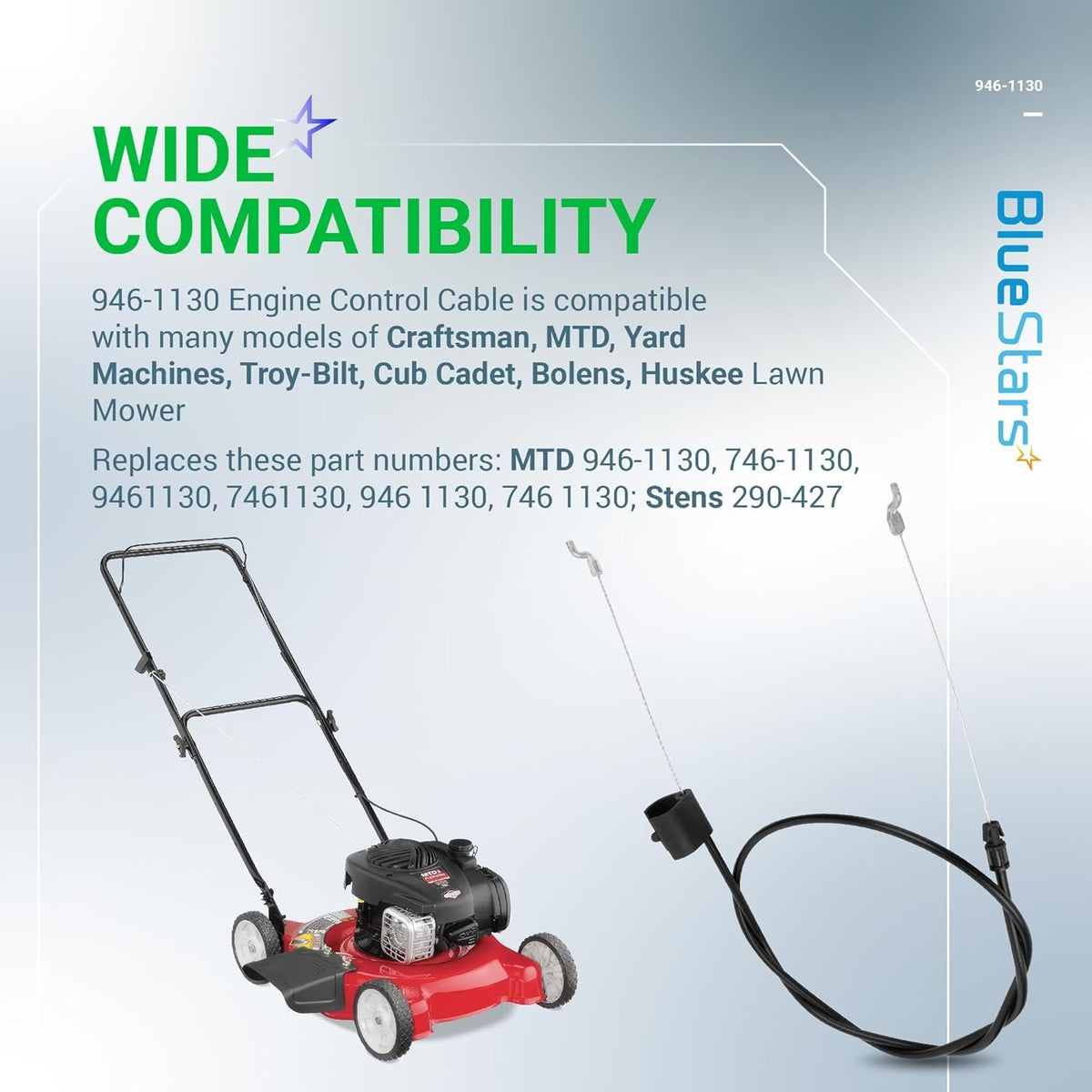 Infographic showing 946-1130 engine control cable compatibility with MTD, Troy-Bilt, and Cub Cadet lawn mowers.