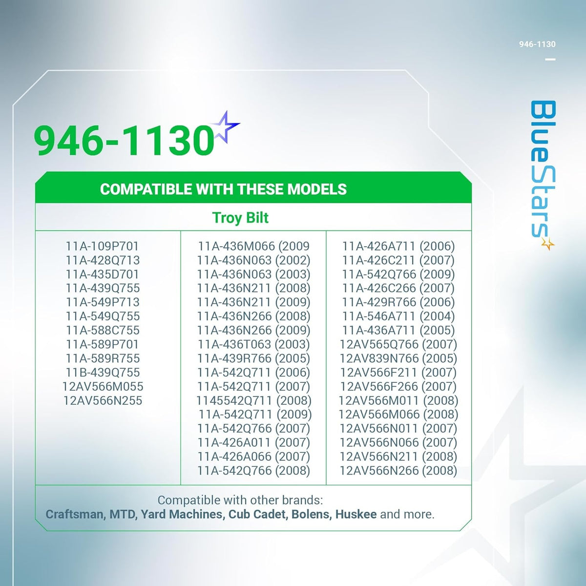 Compatibility chart for 946-1130 engine control cable listing Troy-Bilt and other compatible lawn mower models.
