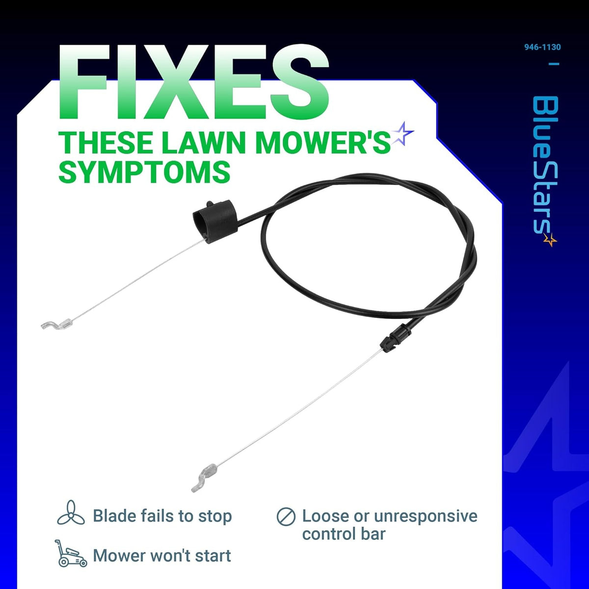 946-1130 engine control cable for MTD, Troy-Bilt, and Cub Cadet lawn mowers shown with symptom troubleshooting guide.