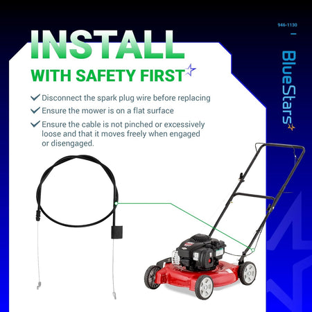 Installation guide for 946-1130 engine control cable showing lawn mower placement and safety instructions.