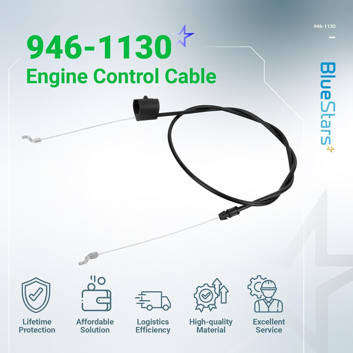 946-1130 engine control cable for MTD, Troy-Bilt, and Cub Cadet lawn mowers shown on a branded promotional background.