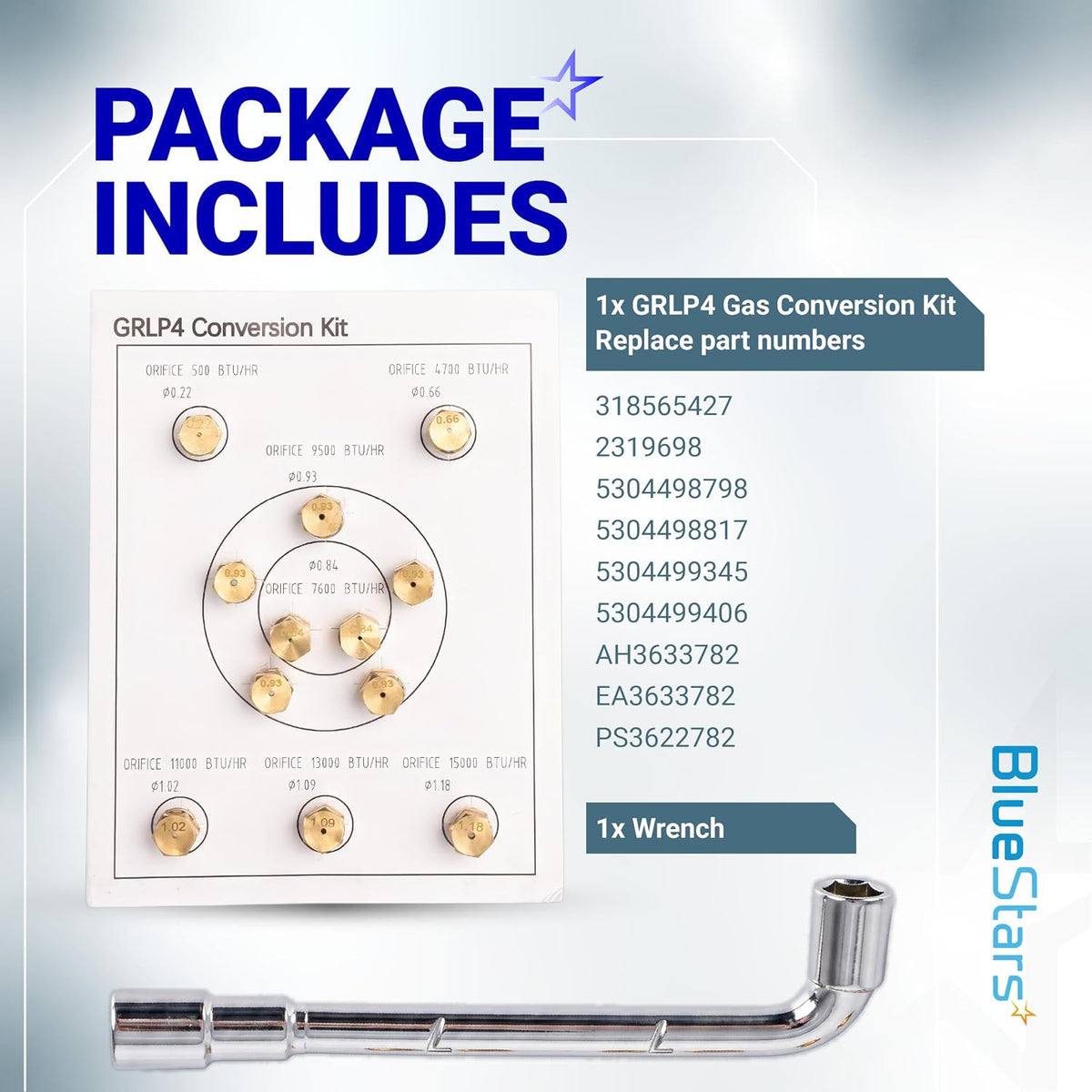 GRLP4 LP Gas Conversion Kit packaging showing brass orifices and a wrench