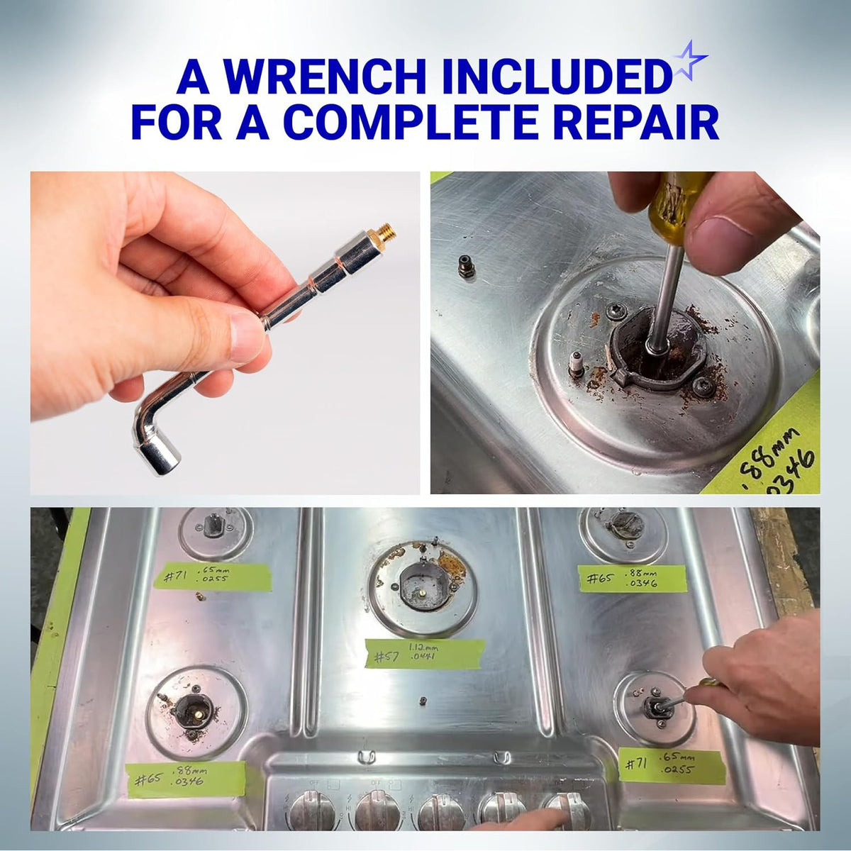 GRLP4 LP Gas Conversion Kit, included wrench shown removing cooktop burner orifices