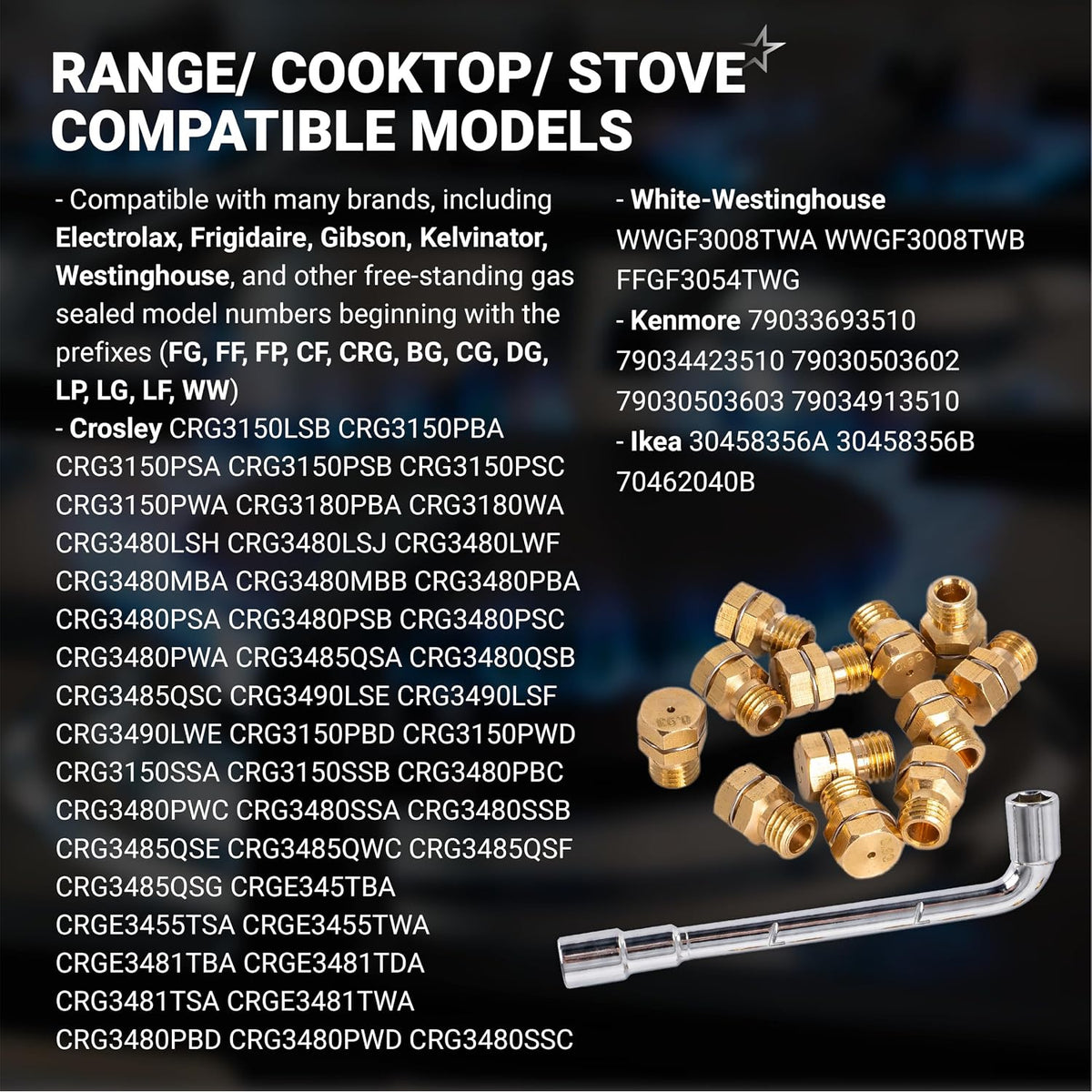 GRLP4 LP Gas Conversion Kit shows compatible range models, brass orifices, and a wrench