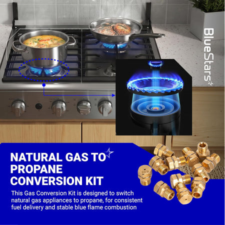 GRLP4 LP Gas Conversion Kit, graphic showing a gas cooktop with blue flames, burner close-up, and brass orifices