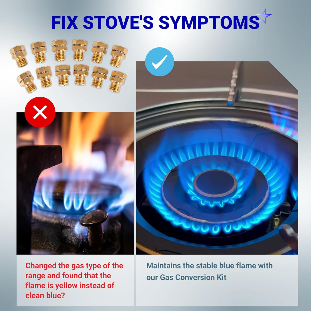 GRLP4 LP Gas Conversion Kit graphic showing brass orifices and a comparison of yellow and stable blue burner flames