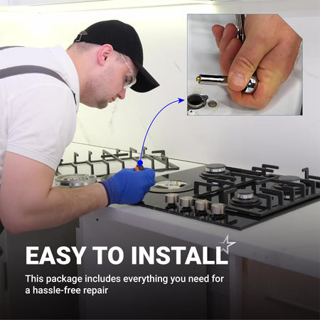 GRLP4 LP Gas Conversion Kit showing technician working on a gas cooktop with wrench close-up and easy-install text