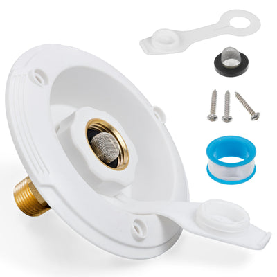 RV city water inlet with check valve, mounting screws, filter screen, and Teflon tape.