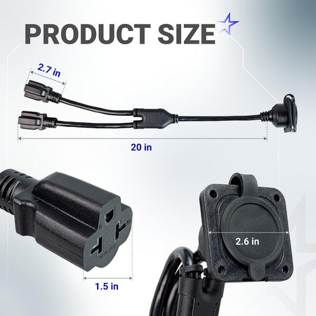 20A 125V AC Port Plug 12 AWG 5-in-1 T-Blade Adapter, size diagram with 20 in cable and 2.7, 2.6, 1.5 in measurements
