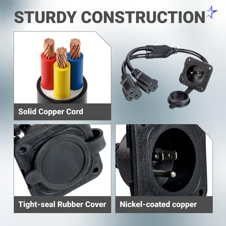 20A 125V AC Port Plug 12 AWG 5-in-1 T-Blade Adapter showing solid copper cord and close-ups of cover and contacts