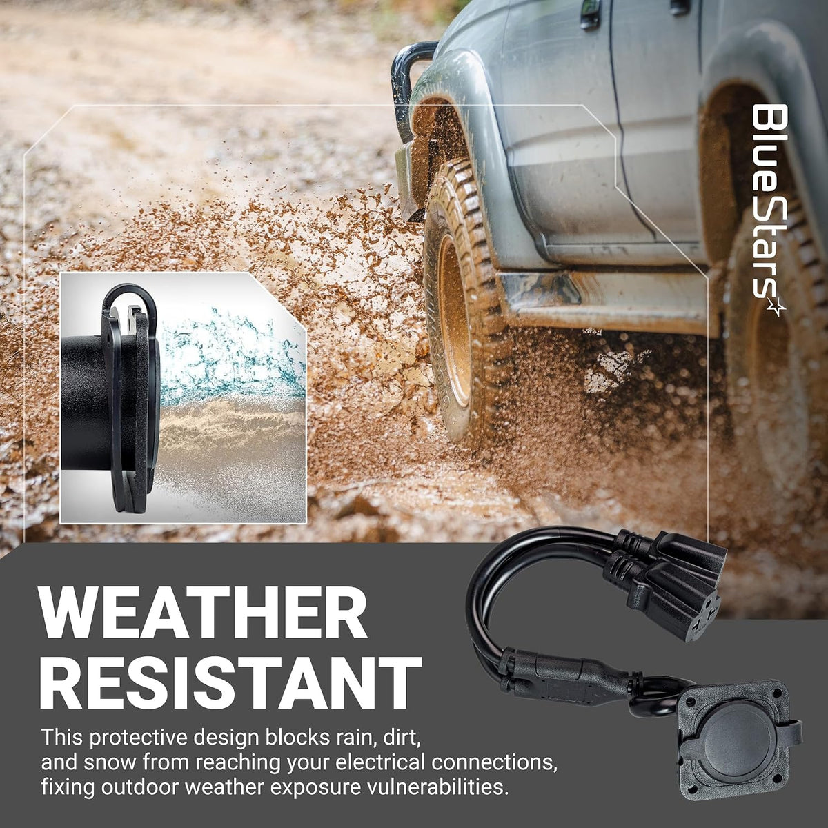 20A 125V AC Port Plug 12 AWG 5-in-1 T-Blade Adapter shown with weather-resistant outdoor protection graphic
