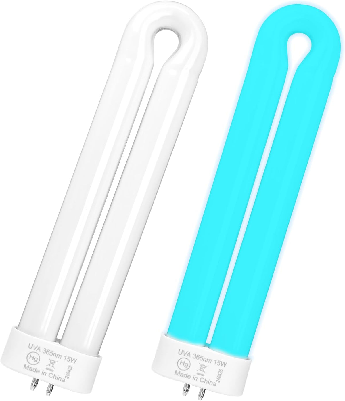 Two FUL15W 15W UVA 365nm black light bulbs, one unlit and one glowing blue.