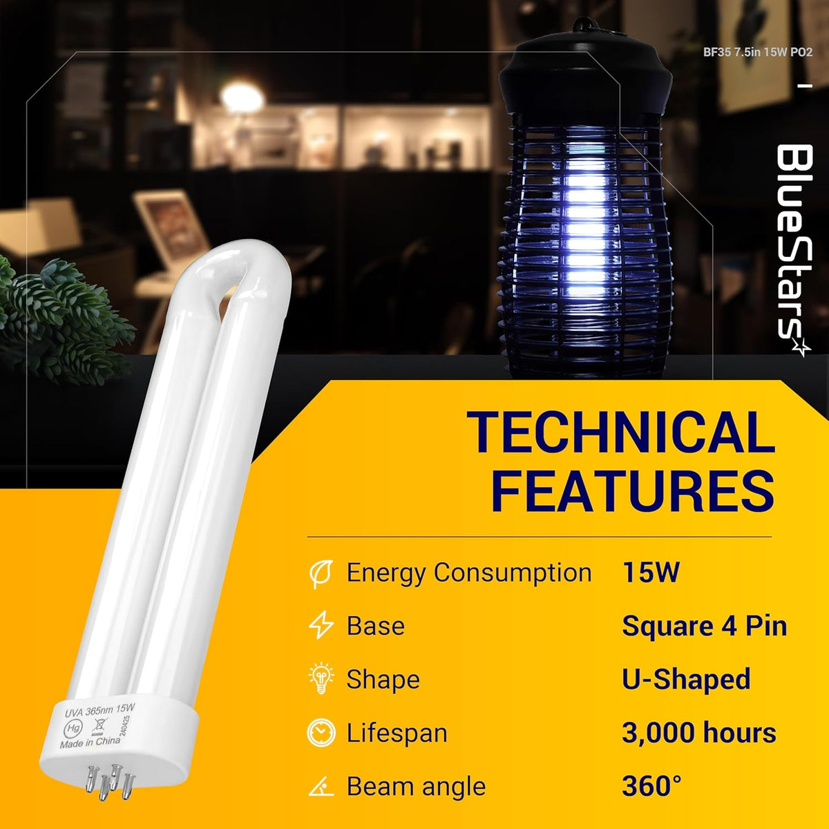 U-shaped 15W black light bulb with 4-pin base for bug zappers.