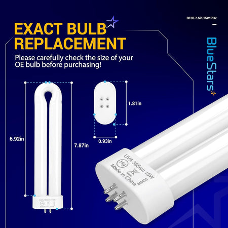 BF35 15W black light bulb replacement showing dimensions and 4-pin base connector details.