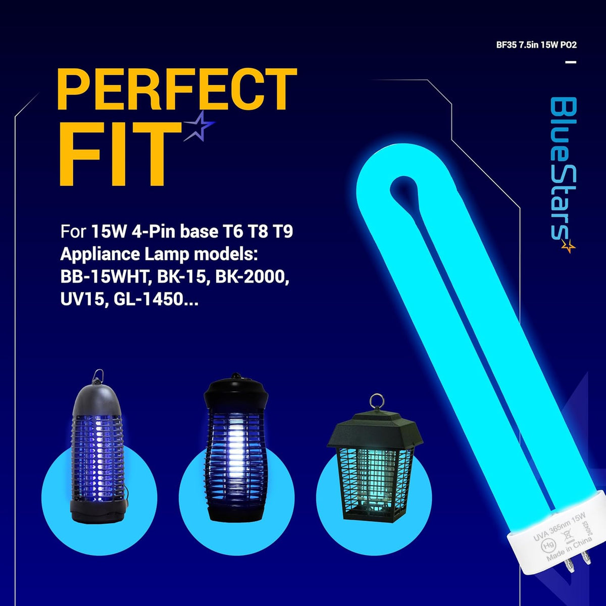 BF35 15W black light bulb with 4-pin base for bug zapper replacement, shown with compatible insect trap models.