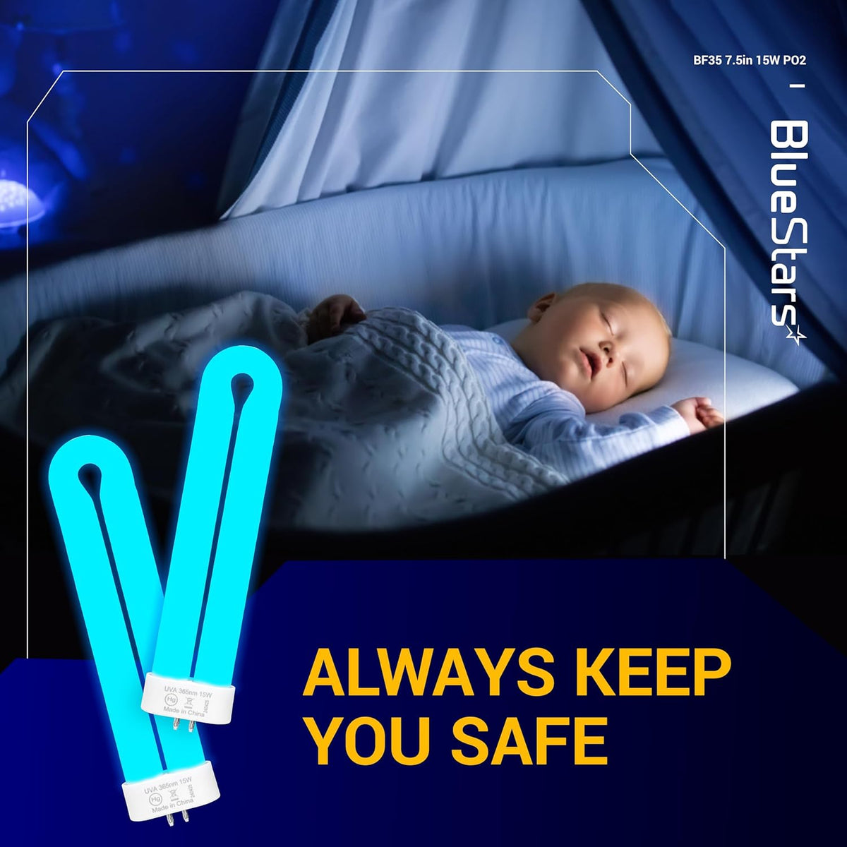 Two BF35 15W black light bulbs glowing blue in a promotional graphic with a sleeping baby.