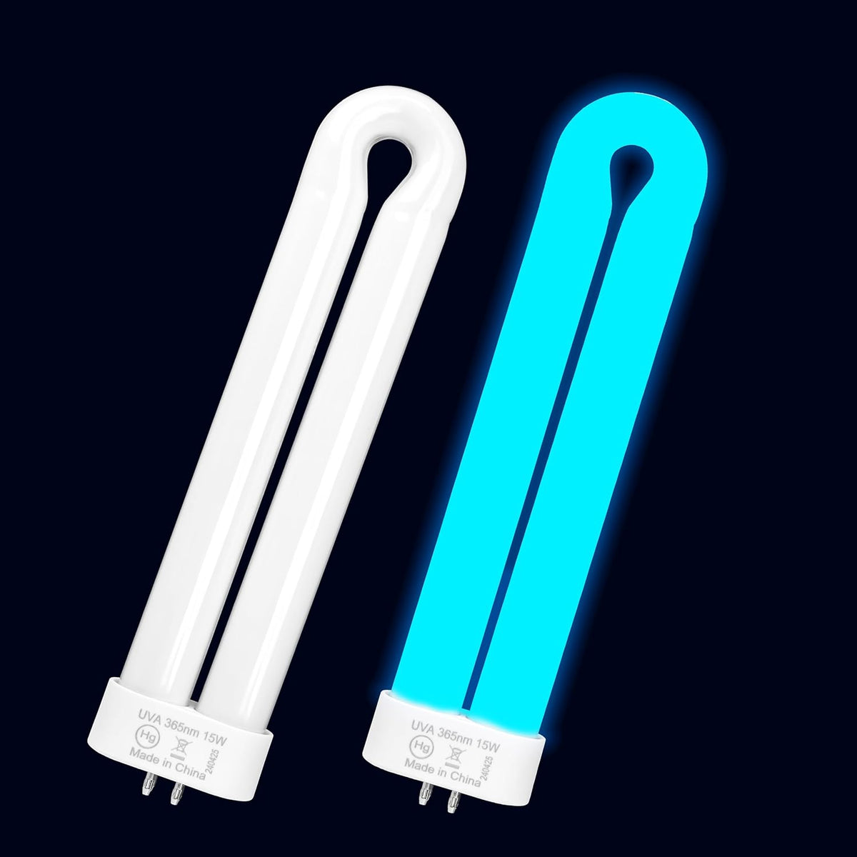 Two BF35 15W U-shaped black light bulbs, one off and one glowing blue.