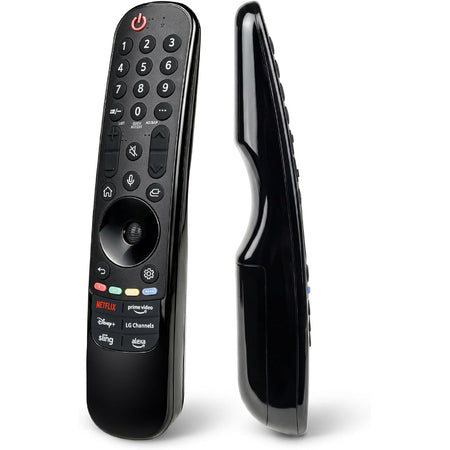 MR23GA Voice Magic Remote, front and side views showing buttons and slim black housing