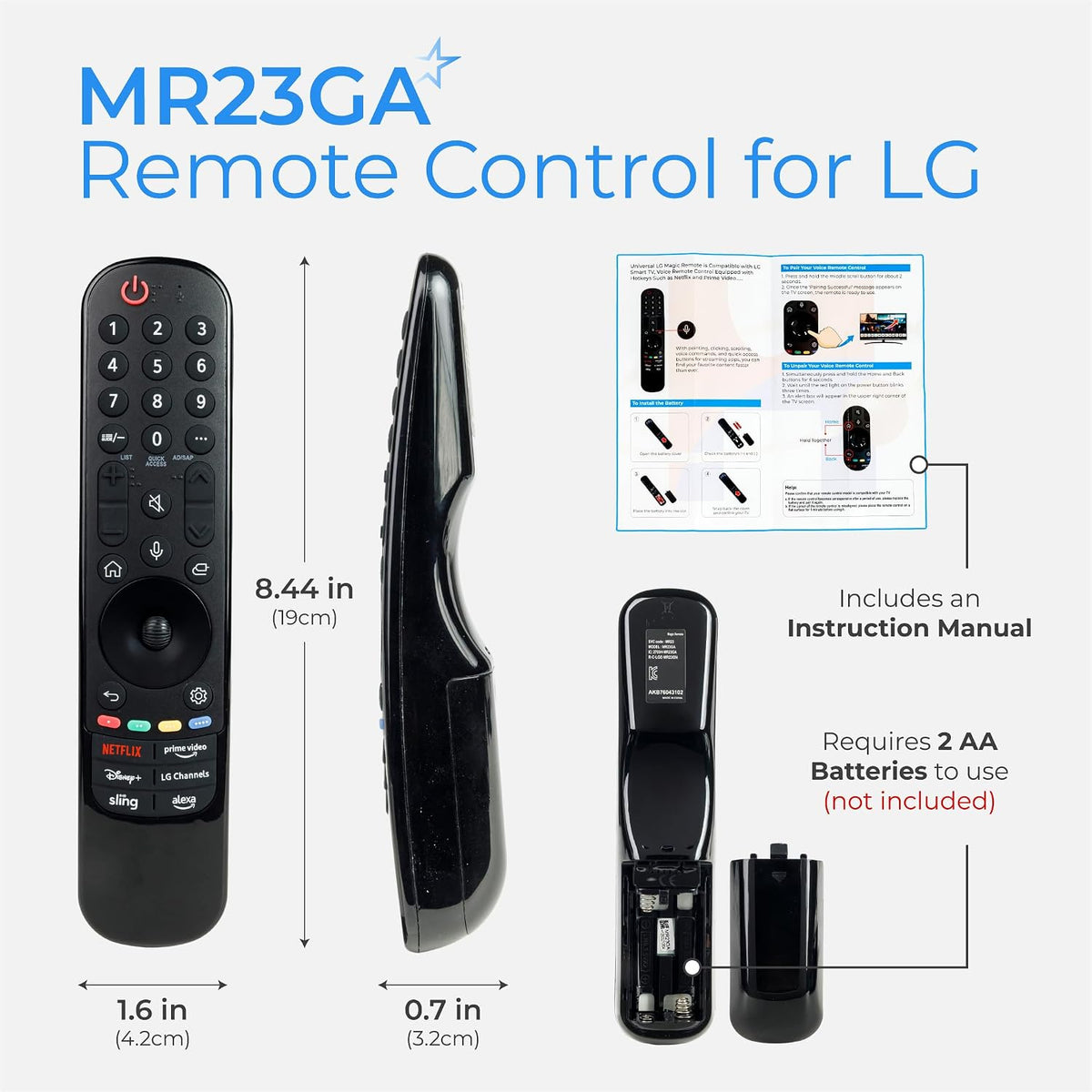 MR23GA Voice Magic Remote, front and side views with dimensions, open battery compartment and instruction manual shown
