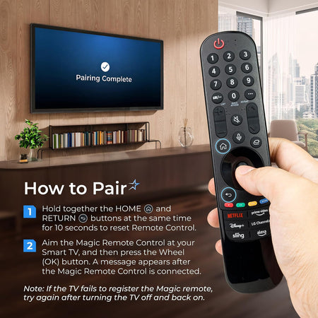 MR23GA Voice Magic Remote showing pairing instructions with TV screen confirming pairing complete