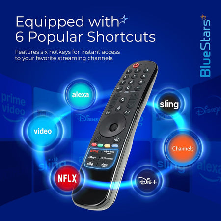 MR23GA Voice Magic Remote showing six streaming shortcut buttons and Alexa, Netflix, Disney+, Sling, and Prime Video icons