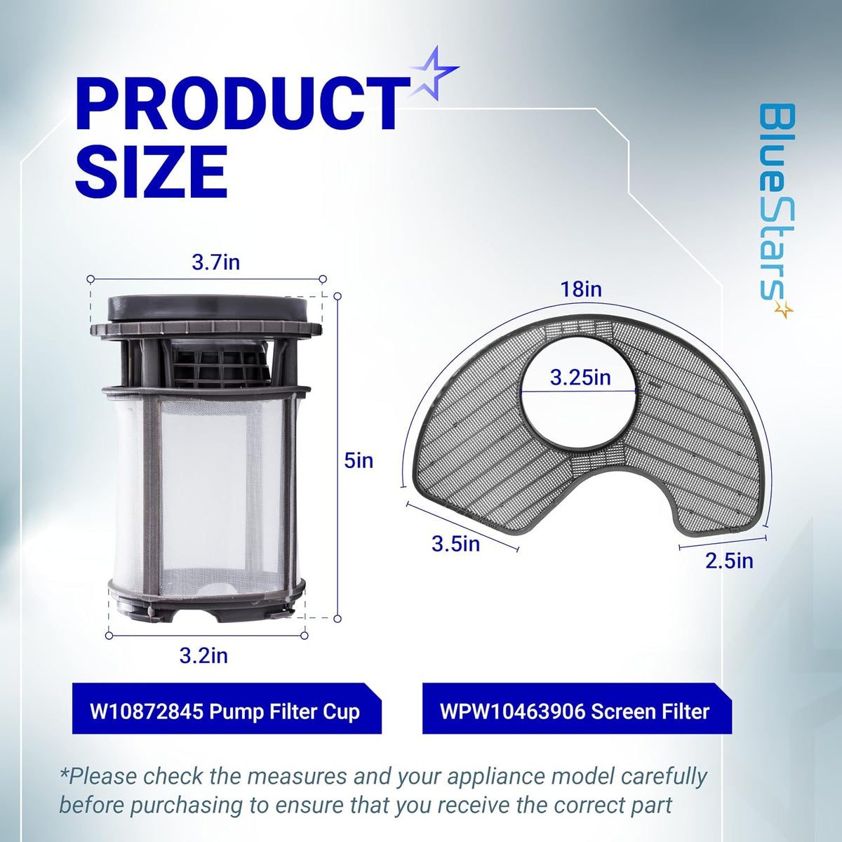 W10872845 Pump Filter Cup & WPW10463906 Screen Filter, product size diagram with labeled dimensions