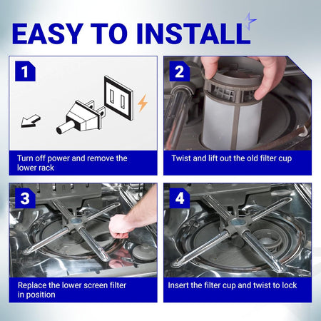 W10872845 Dishwasher Pump Filter Cup & WPW10463906 Screen Filter installation steps