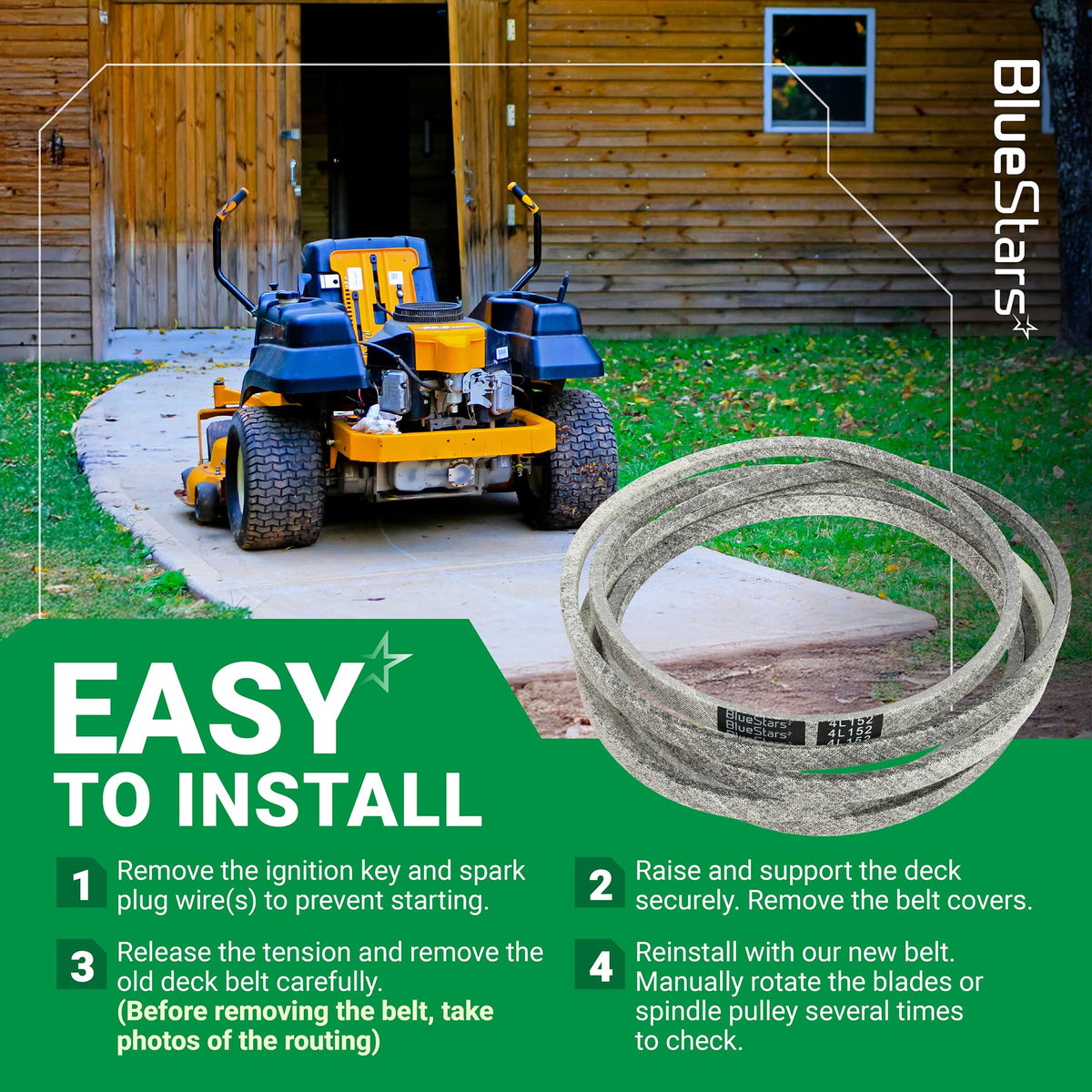 Replacement deck belt for 54-inch Husqvarna and RedMax zero-turn mowers with installation instructions.