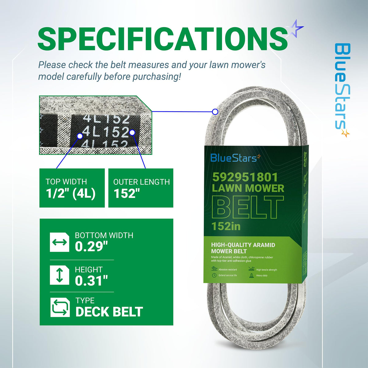 Specification chart for 592951801 deck belt showing dimensions and compatibility for 54-inch Husqvarna and RedMax mowers.