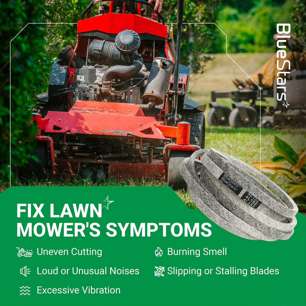 592951801 replacement deck belt for Husqvarna and RedMax 54-inch zero-turn mowers shown with mower maintenance graphic.
