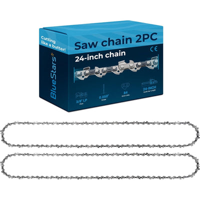 Two 24-inch chainsaw chains with 3/8-inch LP pitch, 0.050-inch gauge, and 84 drive links in BlueStars packaging.
