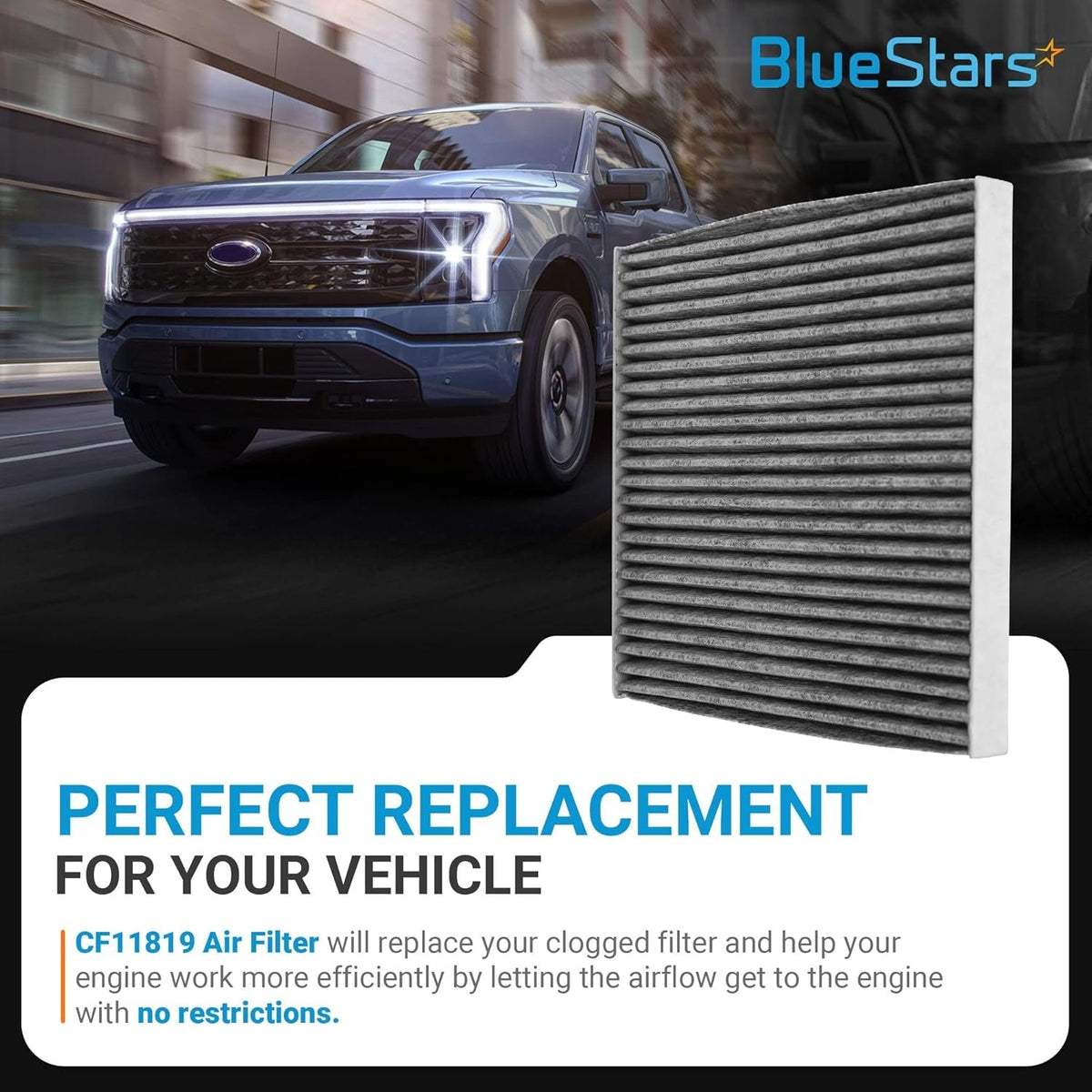 CF11819 CP819 activated carbon cabin air filter replacement shown next to a Ford truck.