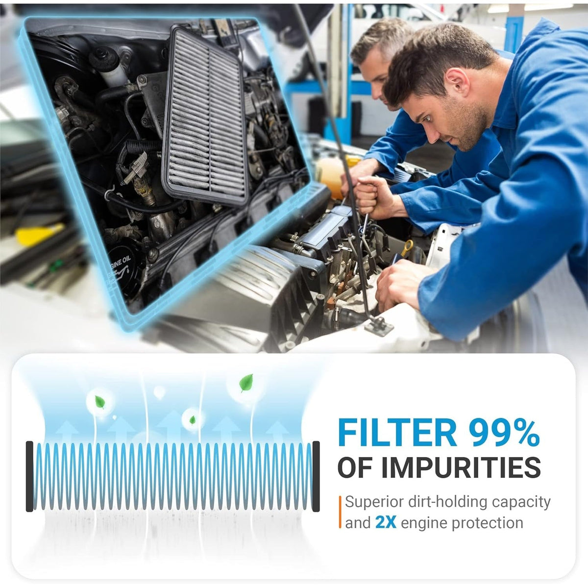 Mechanics installing a CF11819 CP819 activated cabin air filter in a car engine bay with a 99% impurity filtration graphic.