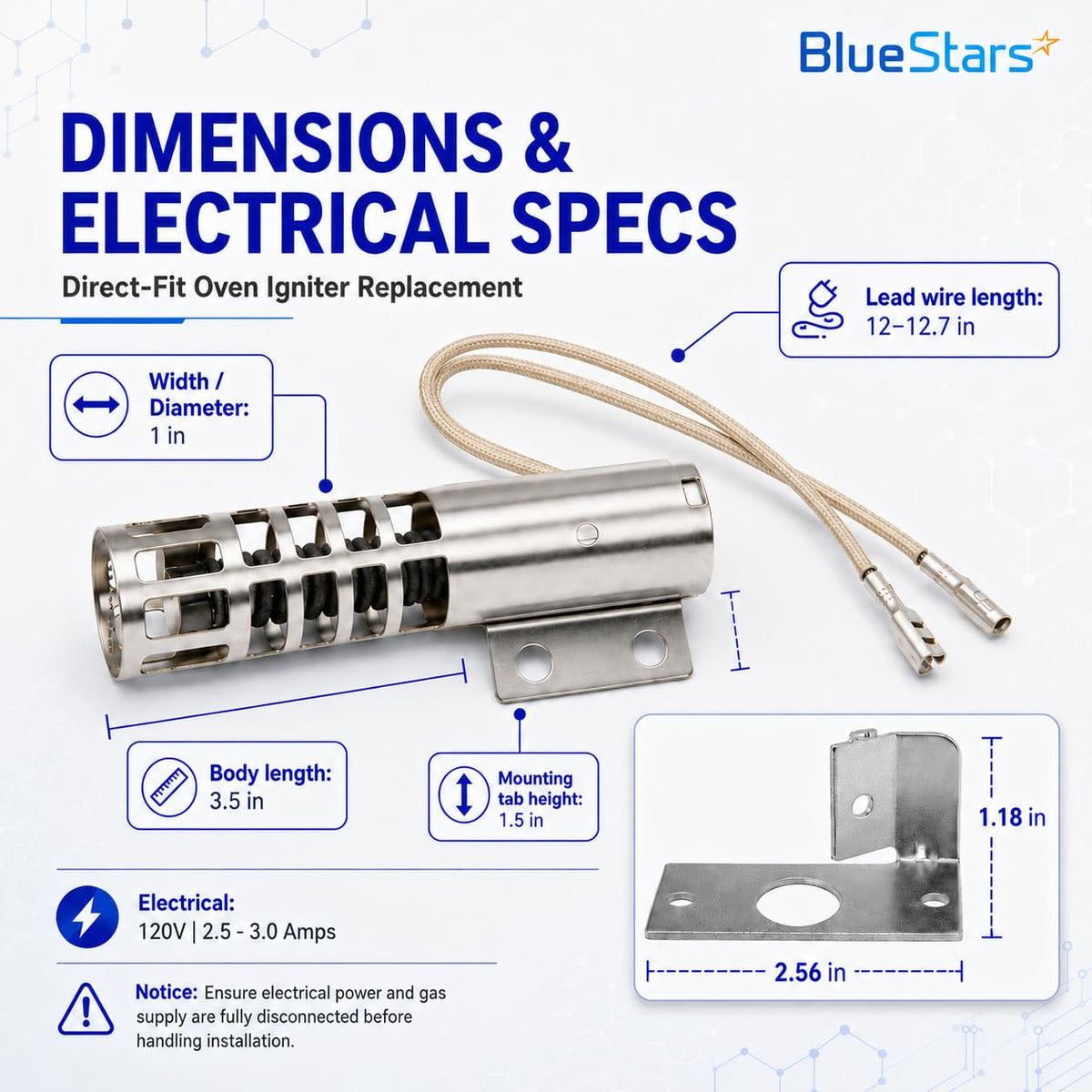 Technical diagram showing dimensions and electrical specifications for a direct-fit oven igniter replacement.