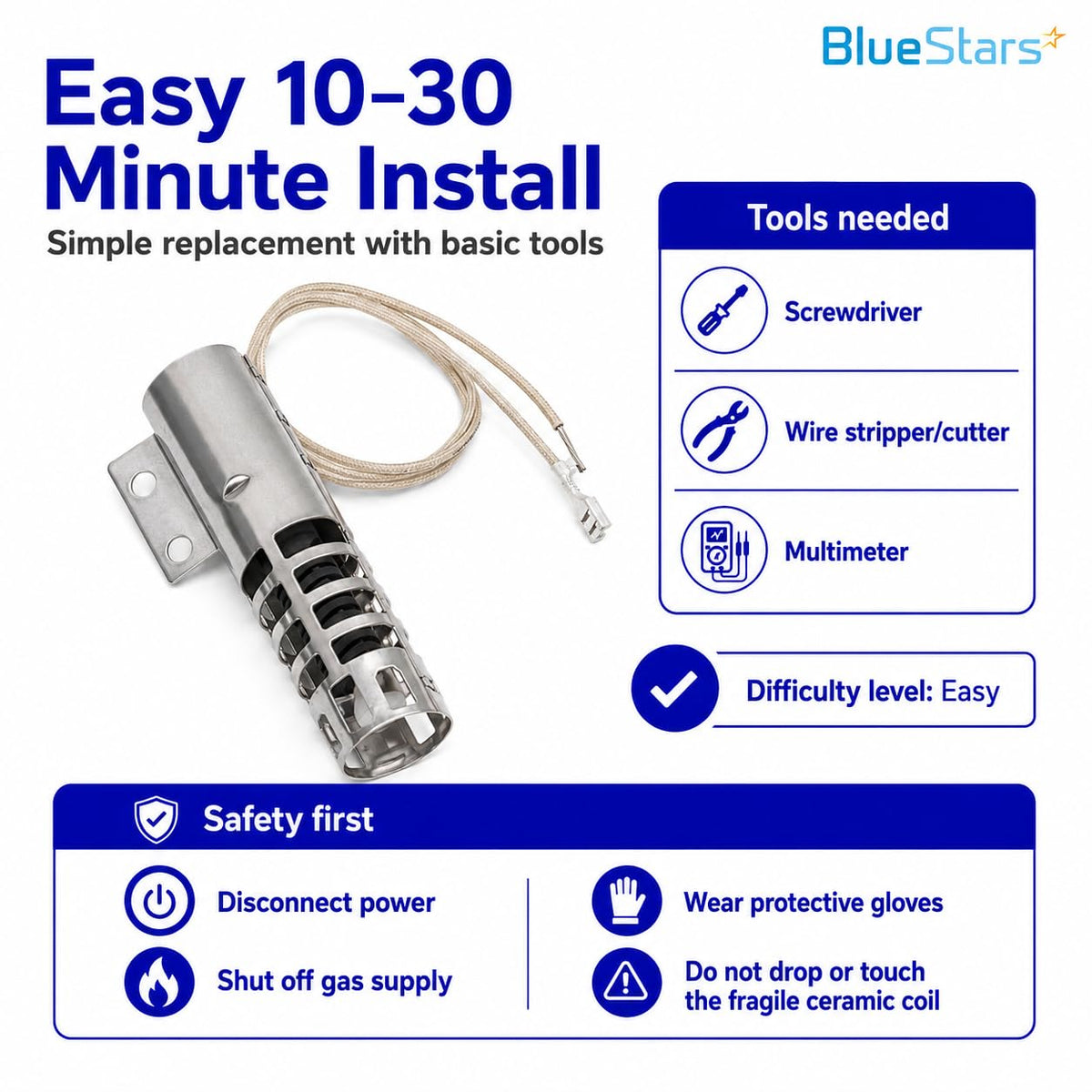 Replacement igniter for gas appliance with installation guide, tools needed, and safety instructions.